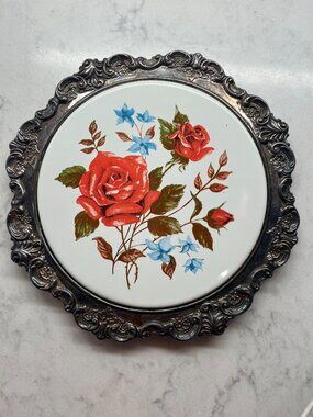 Vintage Baroque Silver-Plated Ceramic Trivet, Floral Rose Hot Plate by Wallace